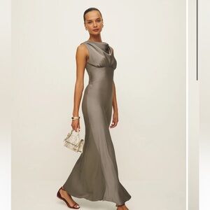 Reformation Dessa Taupe Grey Satin Dress